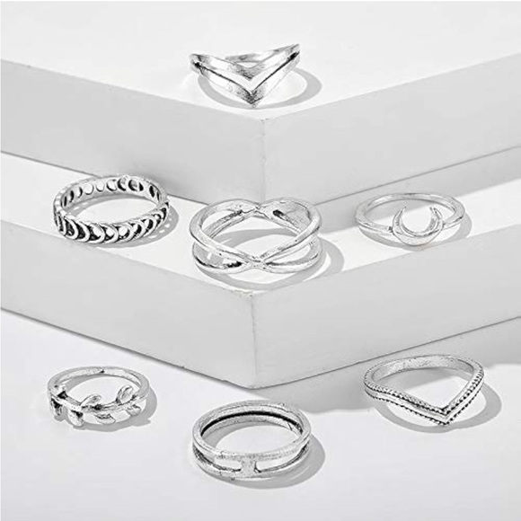7 Pc Set Silver Bohemian Knuckle Midi Finger Stacking Rings ~ Retro Boho Bundle - Picture 5 of 8